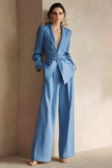 Bleu 2 pièces satin pointe revers costumes d’affaires avec ceinture